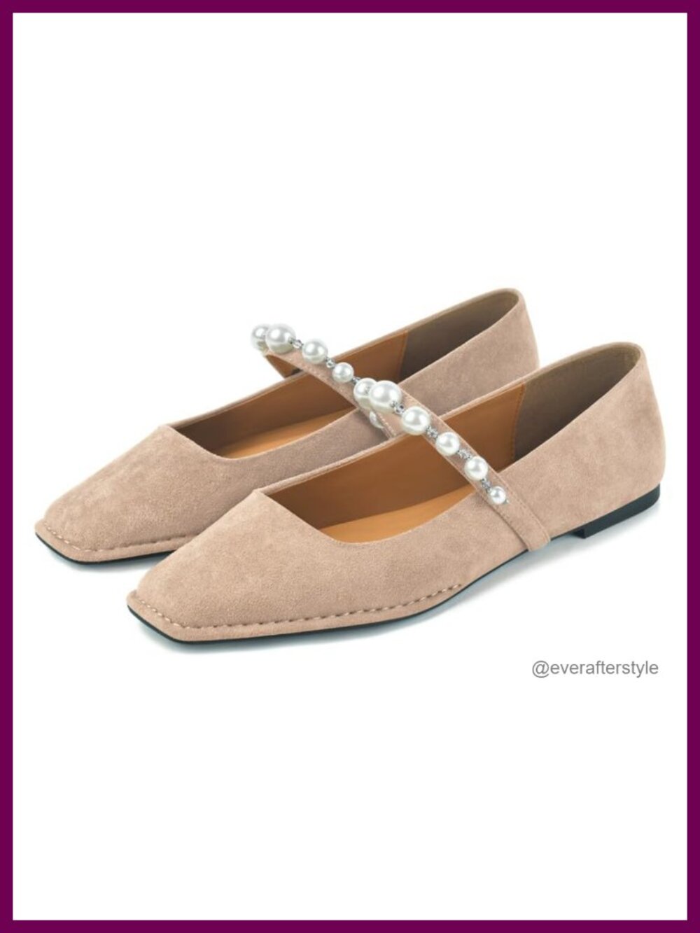 Suede Square Toe Ballet Flats Pearl Strap Mary Jane Ballerina Shoes for Women